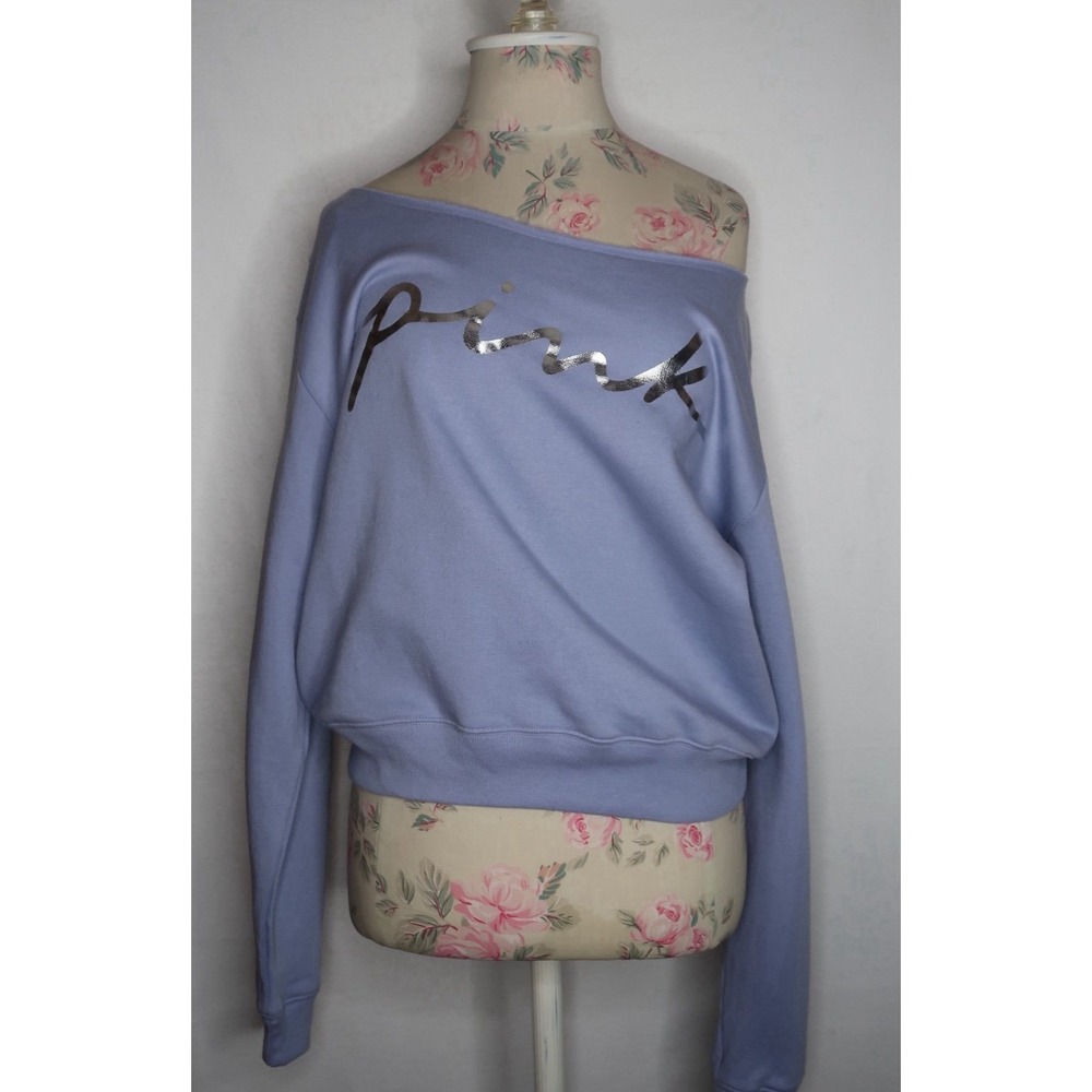 PINK Victoria's Secret Lavender Off Shoulder Foil Logo Sweatshirt Women's L NWT